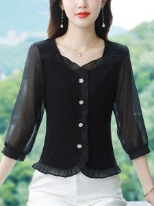 Fashionable V-Neck Chiffon Shirt Womens Summer 2025 New Short Style Waist-Cinched Seven-Quarter Sleeve Top Korean Style Commute Pure Color Slim Fit Online Sales