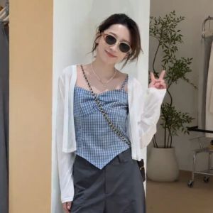 plus Size Womens Korean Design V-Neck Plaid Strapless Top Slimming Inner Wear Sleeveless Shirt Commute Style Regular Fit