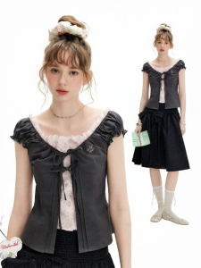 Unifree | Flounce Hem and Waist Tie Contrast Color Fake Two-Piece Short Sleeve Shirt