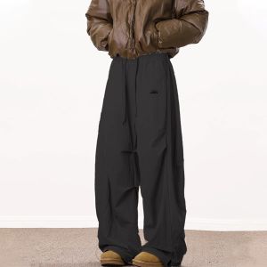 BWKA American Retro Fleece Lined Pleated Knife Cotton Pants Women Men Winter Thickened Warm Wide Leg Workwear Trousers