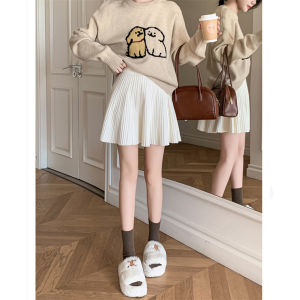 Sweet Knitted High Waist A-Line Mini Skirt Womens Polyester Fiber City Commute Casual Style Folded White Skirts