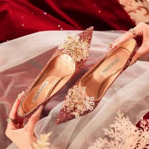 Elegant Red Wedding Shoes Chinese Style New 2025 High Heels Thin Crystal Stilettos for Women Comfortable Footwear for Bridal Shower