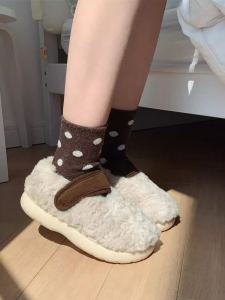 Winter Warm Retro Color Block Fluffy Flat Bottom Bean Shoes Womens Cotton Shoes Casual Deep Mouth round Head Low Heel
