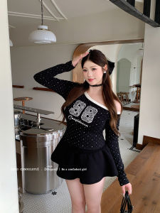 CD.SOUL Millennium WAVE plus Size Set Polka Dot Print Patchwork Shoulder Bared Long Sleeve Top Half Skirt Fashionable Casual Outfit