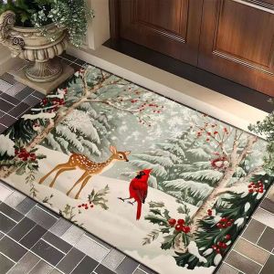 VIKAMA Christmas Reindeer Forest Doormat Non Slip Soft Washable Holiday Floor Mat For Front Door Entrance Hallway Home Decor