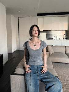 Slim Fit Short Sleeve U Neck Knitted T Shirt Womens Summer Top Grey Color Big U Neck Short Length Cotton Blend Elastic Fiber