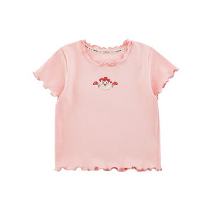 YOEHYAUL Casual Embroidered Short Sleeve T-Shirt for Girls Mushroom Rabbit Design Breathable Cotton Blend Summer Top