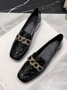 WANGGONGZHU | Glossy Patent Leather Low Heel Loafers Spring 2025 New Style Korean Fashion Princess Footwear Square Head Anti-Slip Rubber Sole