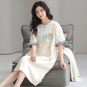 Miiow | Cat Lady 100% Cotton Summer Thin Dress Womens Sleepwear Loose Home Clothes Outdoor Wearable Sweet Style Mid-Length Dress