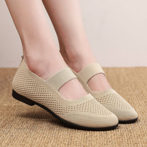 Beijing Style Breathable Casual Womens Fabric Shoes Fashionable Fly Knit Mesh Slip-On Soft Bottom Mom Shoes Comfortable Flat Heel