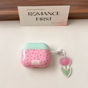 Beautiful Green Plaid Splicing Tulip Flowers Pattern with Tulip Pendant Earphone Case Cover for AirPods 1 2 3 4 Pro 2 Pro 3