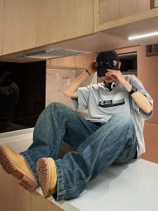 Retro American High Street Distressed Blue Denim Mens Straight Leg Pants Draping Style Youthful Casual Wear All Seasons