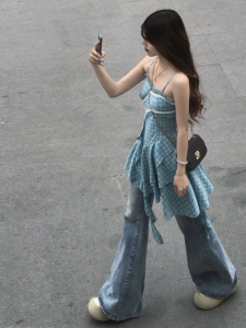 American High Street Spicy Girl High Waist Bell Bottom Jeans Womens Spring Summer New Loose Slimming Wide Leg Horse Hoof Pants