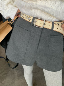 Luo Luo Jie Winter Grey Woolen Short Pants High Waist Wide Leg Commuter Style Korean Fashion Womens Casual Trousers