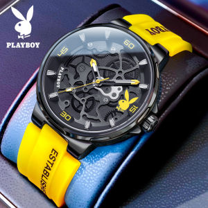 Playboy นาฬิกาสำหรับผู้ชาย - กระเป๋าแกะสลักเป็นรูดั้งเดิม น้ำนำเข้าเคลื่อนไหวระบายอากาศสายรัดสปอร์ตซิลิโคนเรืองแสง