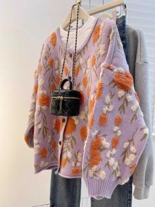Japanese-Style Retro Embroider Flocking Flower Sweater Knitting Cardigan Female Winter Loose Fancy Super Nice Thickened Outwear