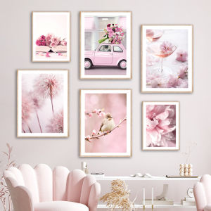 1Pc Frameless Spring Pink Rose Peony Sakura Dandelion Orchid Sparrow Car Garden Posters Flower Wall Art Canvas Painting Home Roo