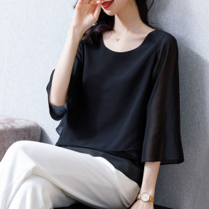 Authentic High-End Spring Summer Womens Mom Chiffon 3/4 Sleeve Loose Belly Cover Top Long Sleeve Fashionable Little Shirt Noble