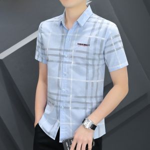 HENGYUANXIANG | เสื้อเชิ้ตแขนสั้นผู้ชาย ทรงสลิมฟิต ลายทาง ทรงหลวม ใส่สบาย สำหรับฤดูร้อน เสื้อเชิ้ตผ้าโพลีเอสเตอร์ผสมคอตตอน