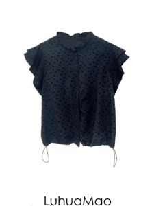 เสื้อเชิ้ตคอตั้งลายดอกไม้สไตล์จีนใหม่ LuhuaMao แขนพอง ผ้าฝ้ายผสมสำหรับผู้หญิงในฤดูร้อน สไตล์ทำงาน ทรงหลวม ไม่มีแขน