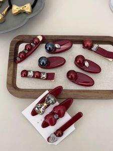 2024 New Style Red Pearl Water Diamond Hair Clip Fringe Duckbill Clip Korean Side Clip Fashion Press Clip Womens Accessories