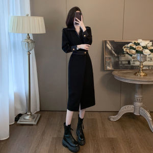 Elegant Black Slimming Long Dress Womens Fashion High Waist A-Line Skirt Korean Style V-Neck Button Detail Midi Dress