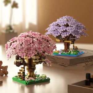 DIY Discoloration Cherry Blossom Flower Pink Tree House Train Assembly Building Blocks Classic Model Bricks Sets Kid Boy Girl