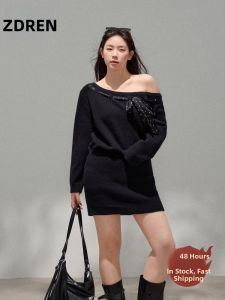 ZHANGDAREN | Đầm Dáng Suông Trễ Vai Đen Chấm Bi