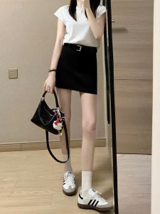 Gray Suit Half Skirt Womens Thin High Waist Wrap Body A-Line Mini Skirt Summer Slimming Short Skirt Large Size Women