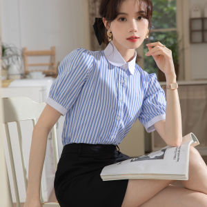 Áo Sơ Mi Tay Ngắn Sọc Xanh Thời Trang Cho Nữ Thiết Kế Độc Đáo Mùa Hè Mỏng Cổ Búp Bê Cổ Tay Thường Nút Chi Tiết