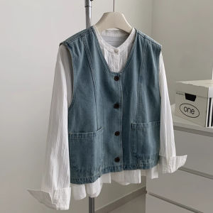 Light Blue Denim Vest Jacket Womens Summer Short Style Open Cardigan Layering Outerwear Trendy Commute Button Splice
