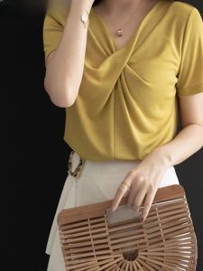 WANGGONGZHU | Slim Fit V-Neck Short Sleeve T-Shirt Womens Summer New Style Princess Design Cross Base Top Korean Style Fashionable Casual