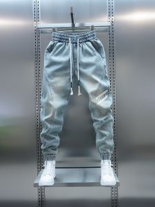 Mens Casual Jeans Spring Autumn New Style Light Blue Cuffed Splicing Teenagers All-match Double Bar Slim Fit Fashionable Pants