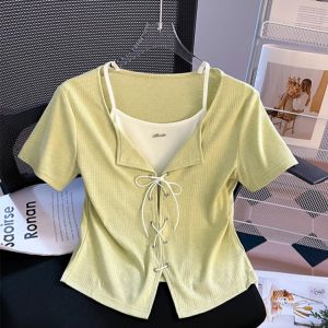 Slim Fit Short Sleeve Fake Two-Piece T-Shirt WomensStyle Details of PatchworkAnd KnotDesignKoreanVersion CottonPolyurethane Elastic FiberBlouse