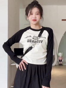 Womens Short Shoulder Insert Long Sleeve T-Shirt Spring Autumn Winter New Style Waist Cinched Slim Fit Base Layer Shirt Top