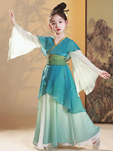 Elegant Traditional Chinese Hanfu Performance Costume for Girls Classic Greenish Blue Dance Outfit Childrens Fashionable Performance Clothes