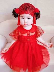 ชุดฤดูร้อนสำหรับเด็กผู้หญิงชุดเดรสคอบัวแขนสั้นสไตล์ตะวันตกเดรสเจ้าหญิงสีแดงสำหรับเด็กหญิงอายุหนึ่งขวบเดรสผ้ามุ้งสำหรับเด็กทารก