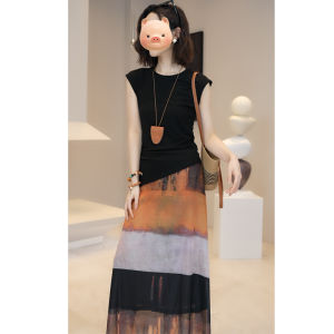 Black Asymmetrical Hem Top And Skirt Set Summer Outfit Salt System Lightweight Maturity High Waist A-Line Skirt Two-Piece Set