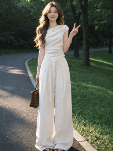 PEIZIXUAN | Unique and Beautiful White Asymmetric Shoulder Wide Leg Pants Suit
