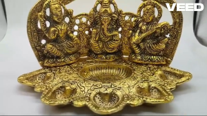Traditional Metal Lakshmi Ganesha Saraswati Idol with 5-Wick Diya | Decorative Pooja Lamp for Home Office & Diwali Gifting (Size-12×20 cm | Weight - 486g)