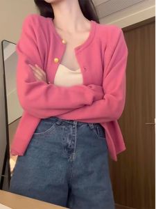 YUANYA | Áo Cardigan Len Mềm Phong Cách Hàn Quốc Màu Hồng Rộng Rãi Đa Năng Cho Mùa Xuân Thu