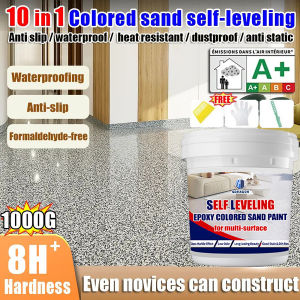 10 in 1 Epoxy Colored Sand Paint Self-Leveling 1000g With Tools Cement Floor Paint High Gloss Non-slip Paint Imitation Marble Cement Imitating Marble Tiles Anti Slip and Wear-Resistant Indoor Household Paint
