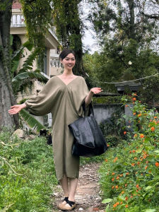 Khaki Tencel Linen Lantern Sleeve Design V-neck Dress JollyCabbage Commute Style Loose Waist A-line Long Sleeve Maxi Dress