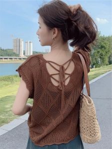 Elegant Hollow out Ice Silk Knitted Top Short Sleeve Backless Cover up Slimming Thin Korean Style Womens Fashion Summer T-Shirt