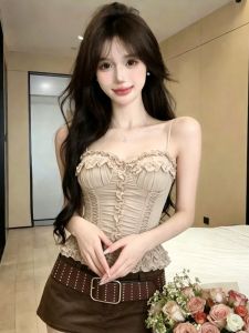 GUZILIAN | Lace Trimmed Crinkle Padded Cami Top