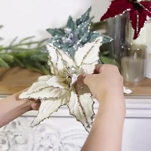 26cm Artifical Christmas Flowers Red Gold Velvet Simulation Flower Xmas Tree Party Hanging Ornaments