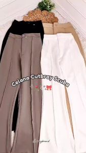 Celana Cutbray Scuba Wanita Premium Resleting Kancing Bahan Melar