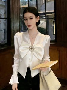 Elegant Luxury Bow White Blouse Female