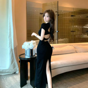 CHANGTONG | Hepburn Style Slit Tailored Fitted Long Dress Black
