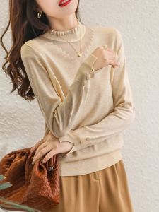 เสื้อถัก ขนสัตว์ แขนยาว ปกตั้ง ลูกไม้ เสื้อเชิ้ตฐานเย็บปะติดปะต่อ สไตล์เกาหลี แฟชั่นเดินทาง ผู้หญิง เสื้อสเวตเตอร์แคชเมียร์